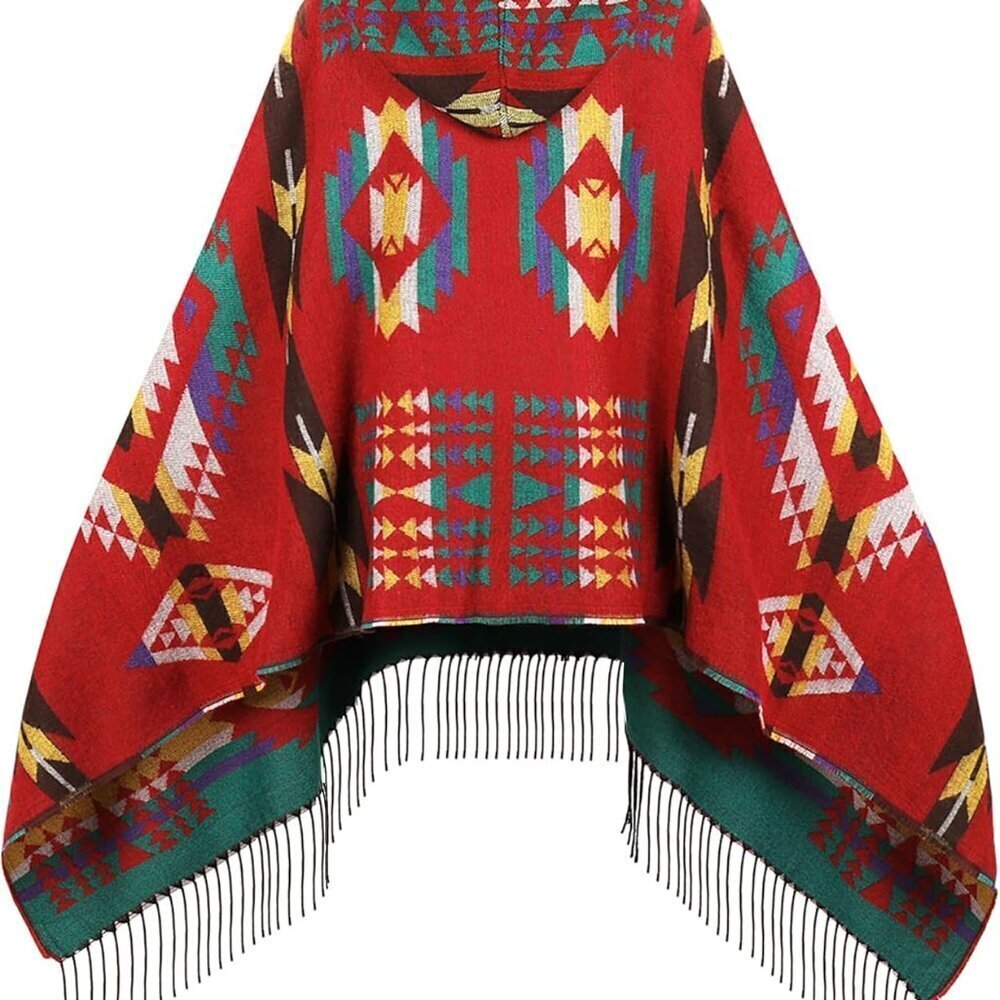 Women's Bohemian Shawl Fringe Poncho Vintage Patterned Cozy Wrap Lightweight - Picture 2 of 7